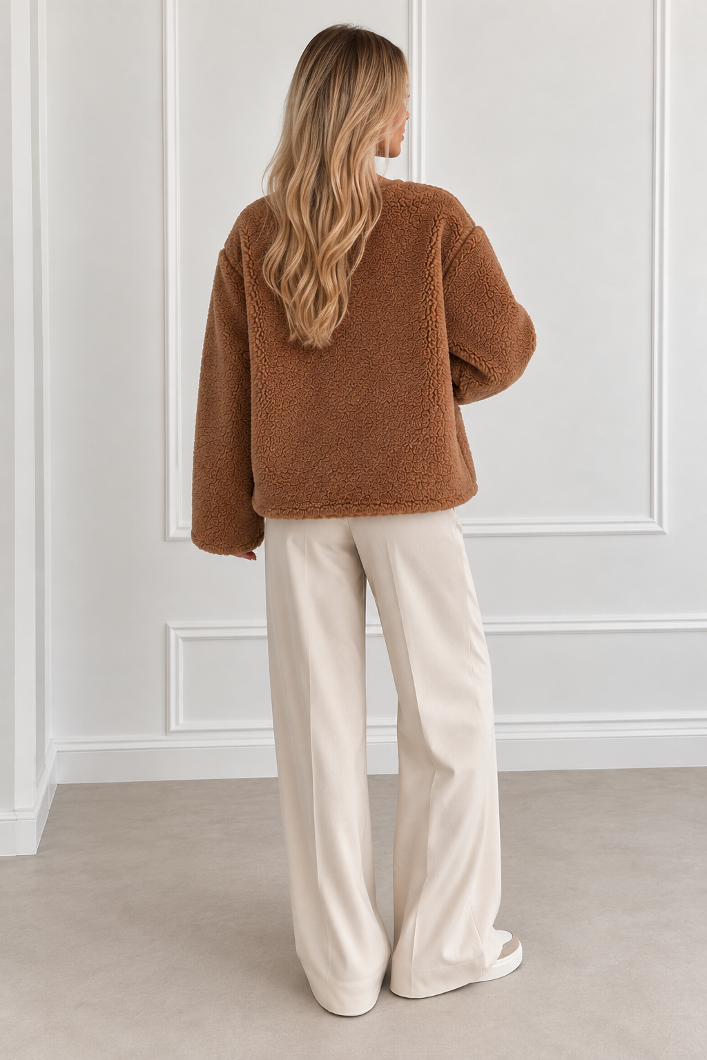 Brown teddy jacket – detail view, extra button and 100% polyester fabric