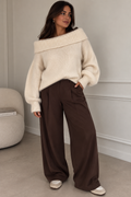 Cream off-shoulder knit sweater with wide folded neckline – Darivé Select