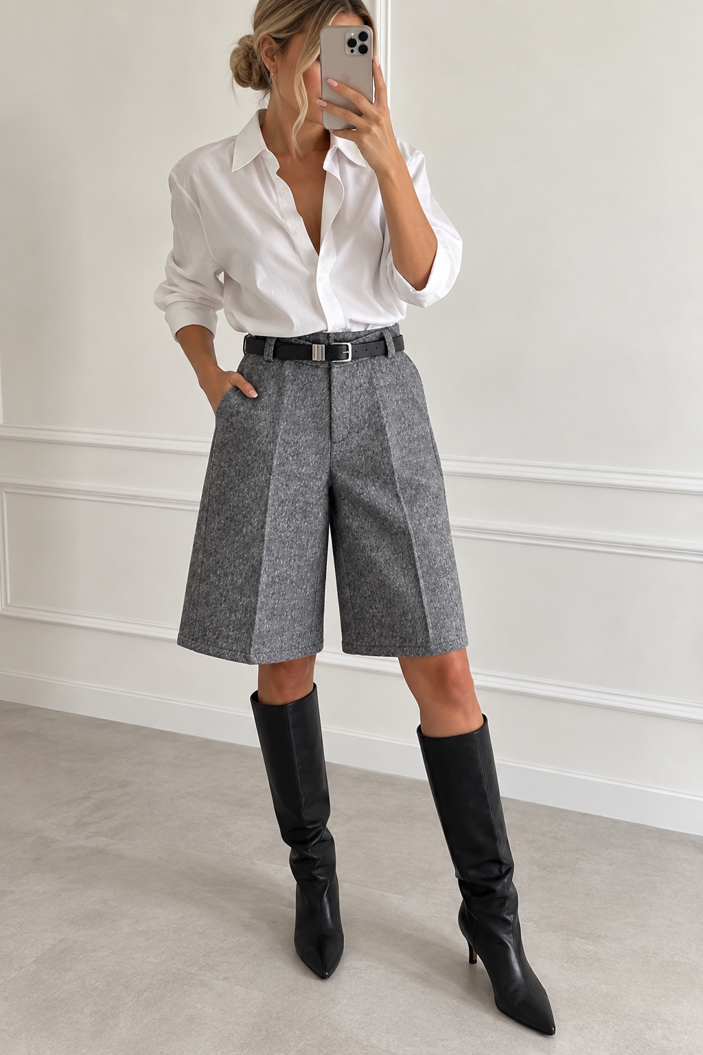 Grey wool blend Bermuda shorts with belt – Darivé Select