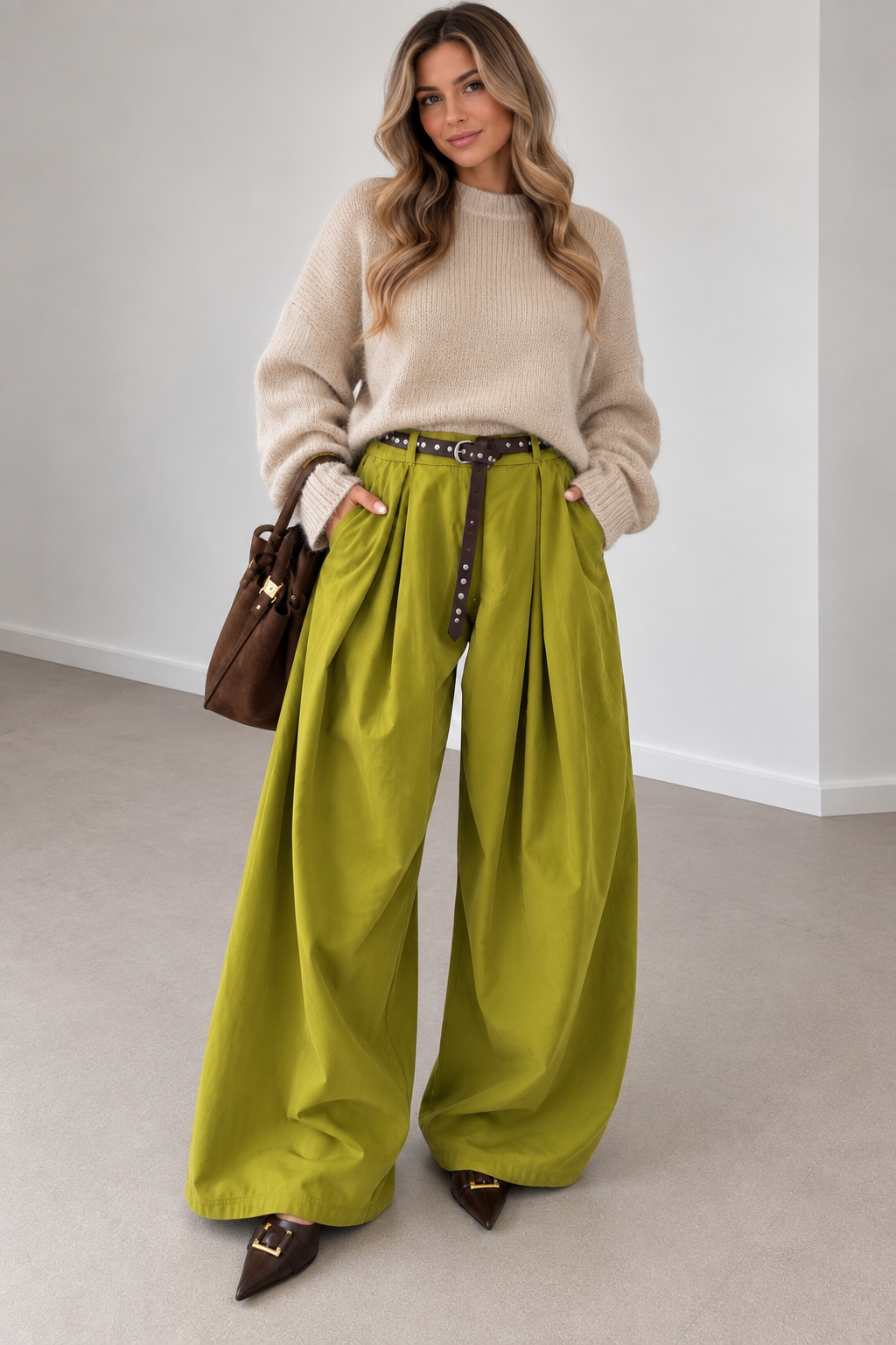 Lime olive wide-leg cotton trousers made in Italy – Darivé Select