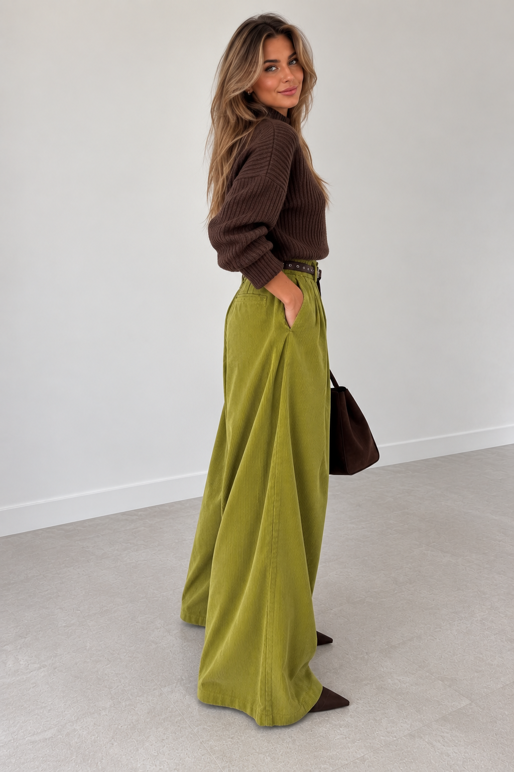 Extra-wide leg and relaxed fit of olive corduroy trousers – Darivé Select