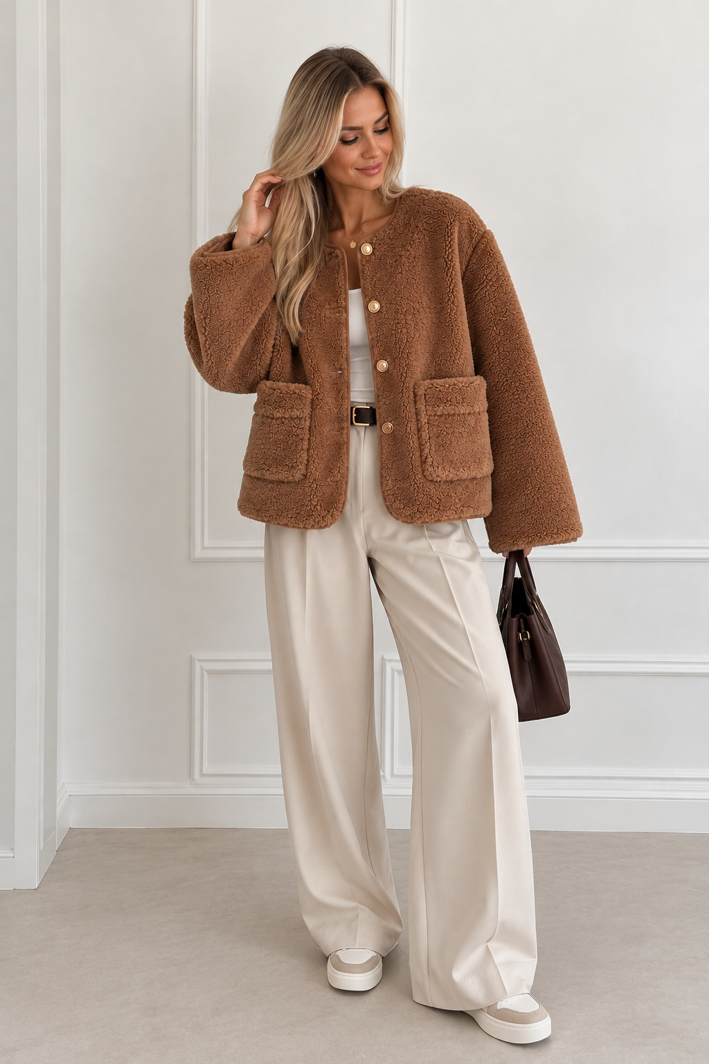 Brown teddy jacket – front view, relaxed fit with button closure