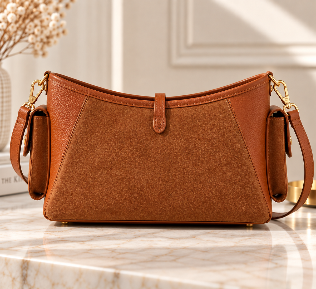Italian Genuine Leather & Suede Women’s Handbag – Cognac Brown