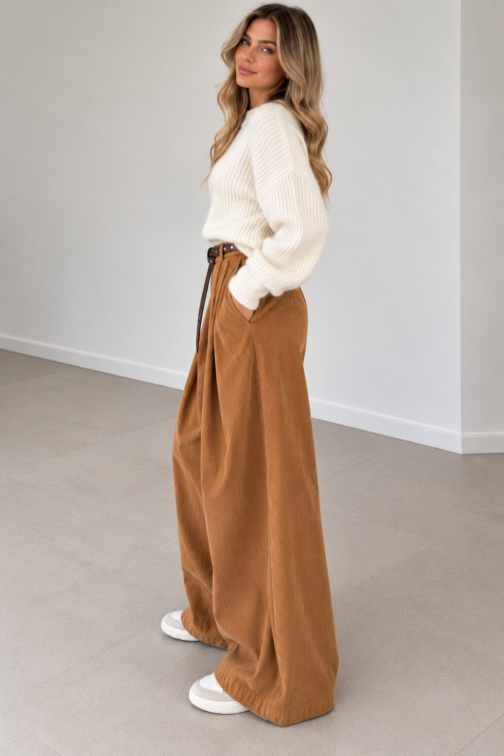Extra-wide leg and front pleats on camel corduroy trousers – Darivé Select