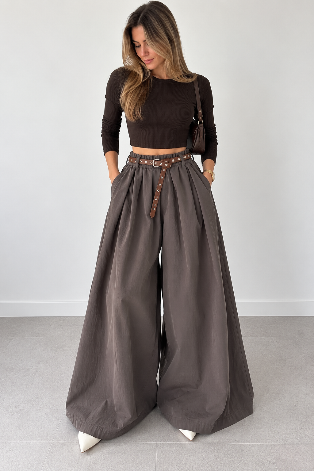 Dark taupe wide-leg cotton trousers made in Italy – Darivé Select