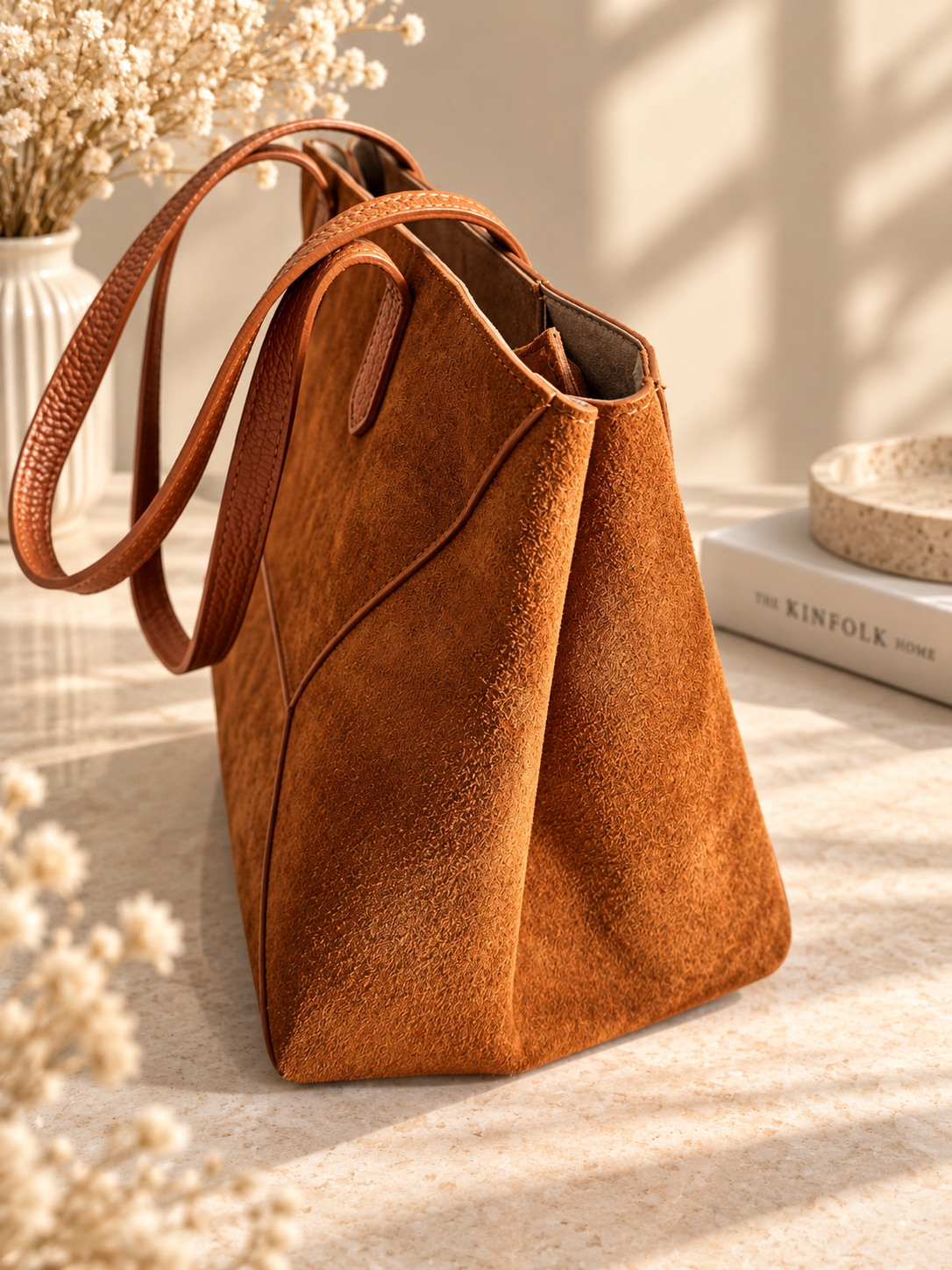 Structured Siena Cognac shopper bag in genuine leather and suede - Darivé Select