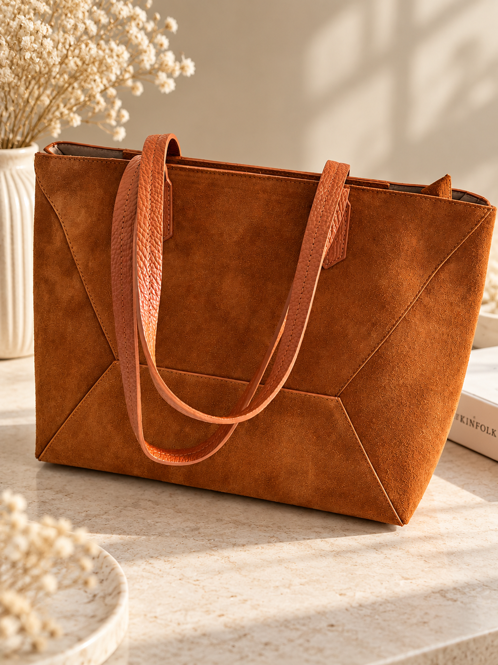 Spacious cognac brown leather tote bag with comfortable shoulder handles - Darivé Select
