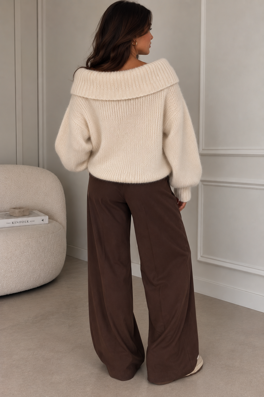 Cream off-shoulder knit sweater – detail of wide folded neckline – Darivé Select