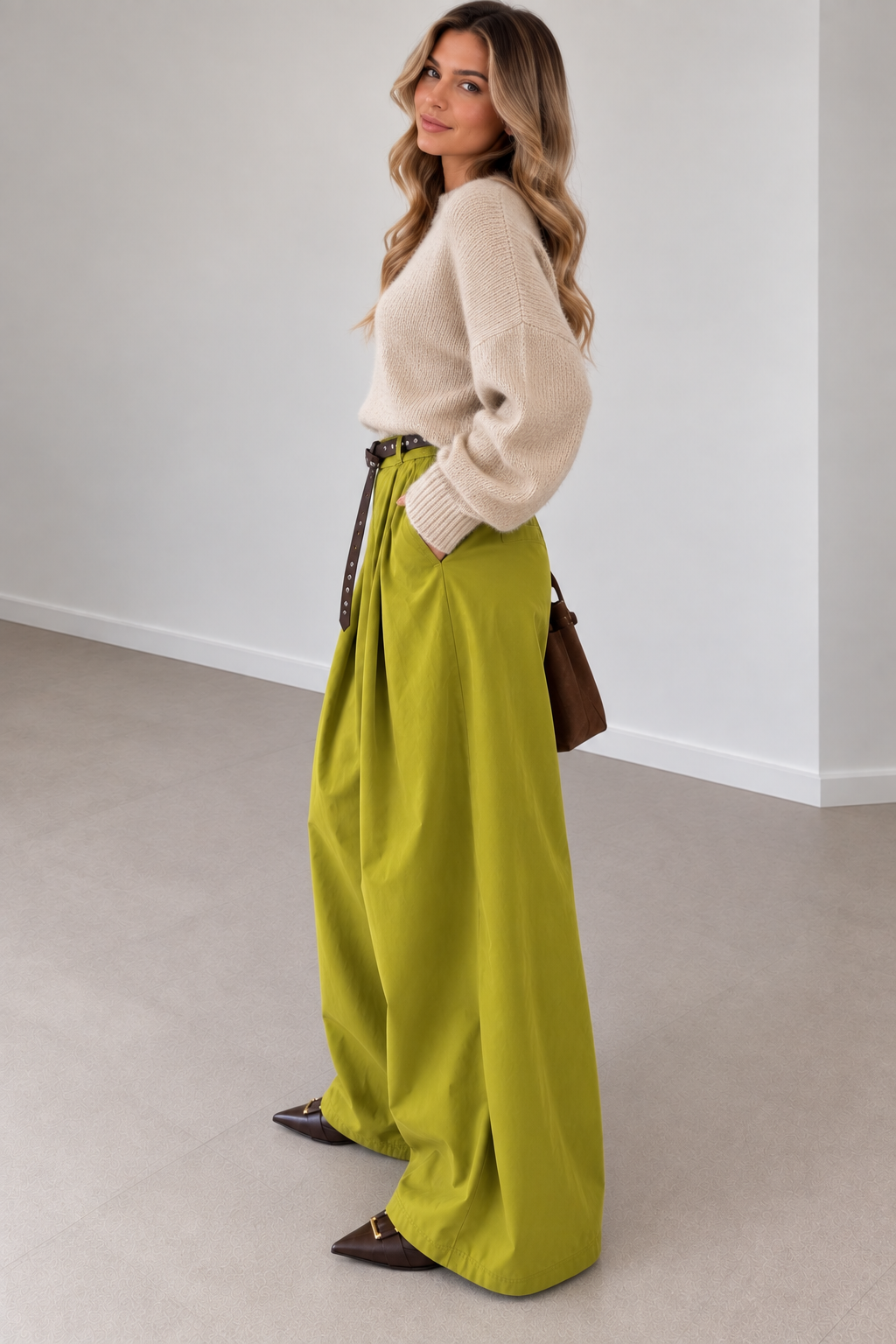 Lime olive trousers with extra-wide legs and front pleats – Darivé Select