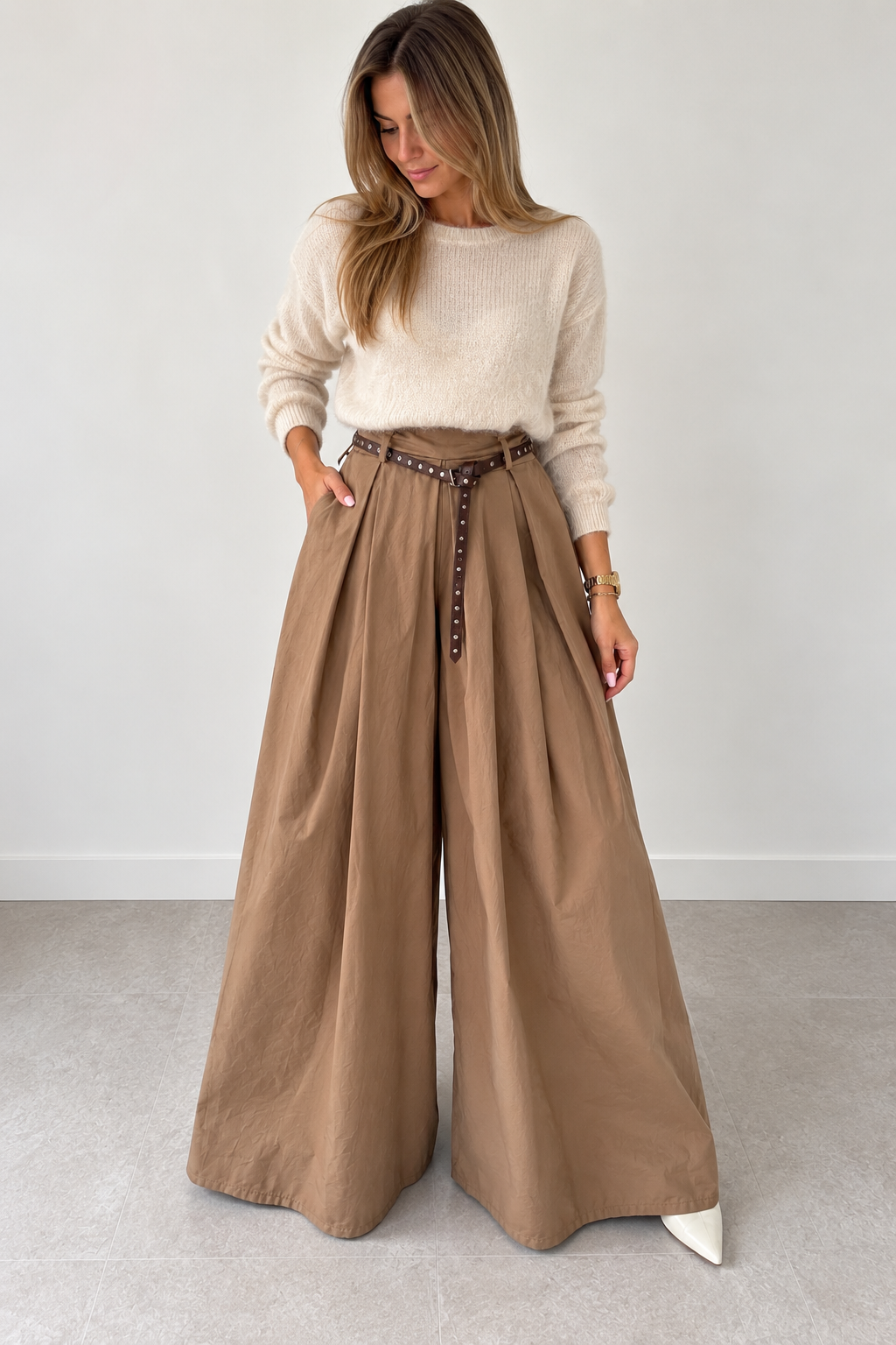 Cappuccino wide-leg cotton trousers made in Italy – Darivé Select