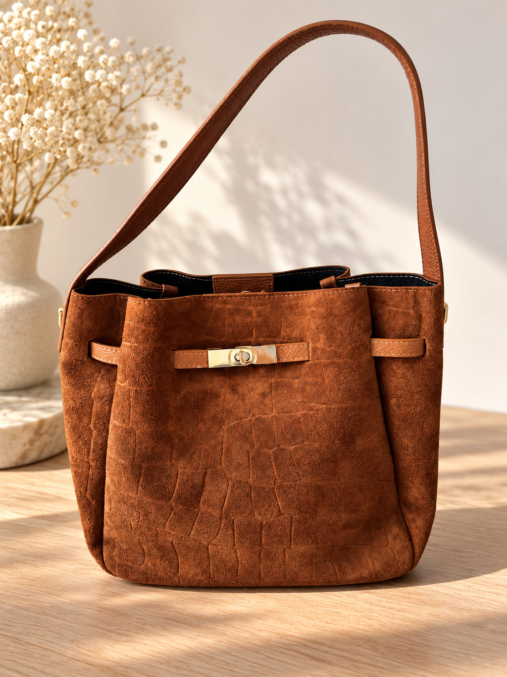 Elegant embossed leather handbag in warm cognac brown - Darivé Select