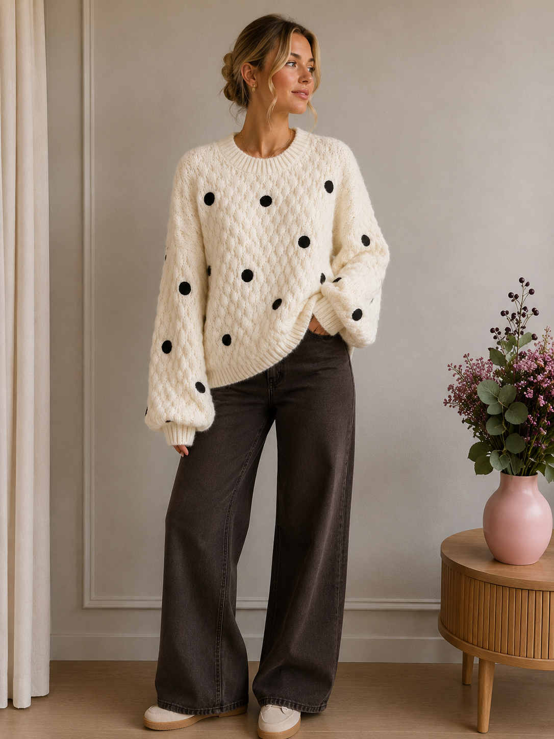 Arines Polka Dot Sweater – Cream & Brown