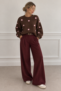 Chocolate brown oversized sweater with pink dots on front and sleeves – Darivé Select
