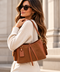 Italian cognac brown genuine leather and suede women's handbag - Darivé Select