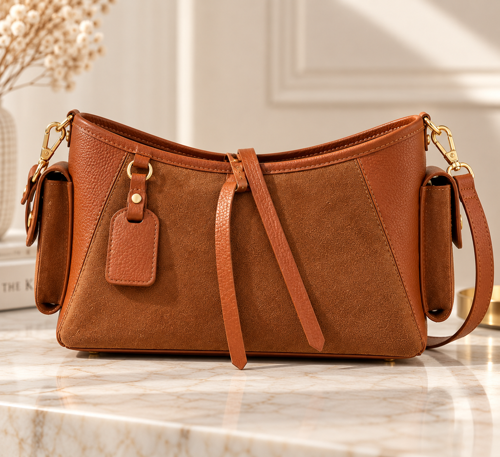 Gold-tone hardware and suede details on a cognac leather handbag - Darivé Select