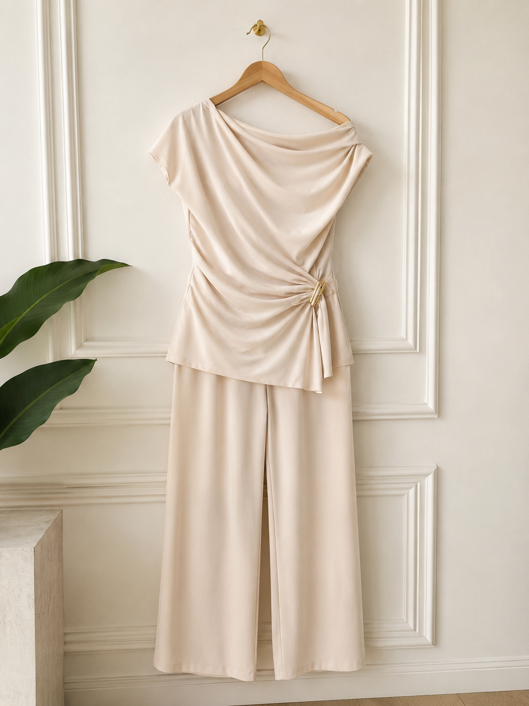 Elegant Draped Two-Piece Set – Cream