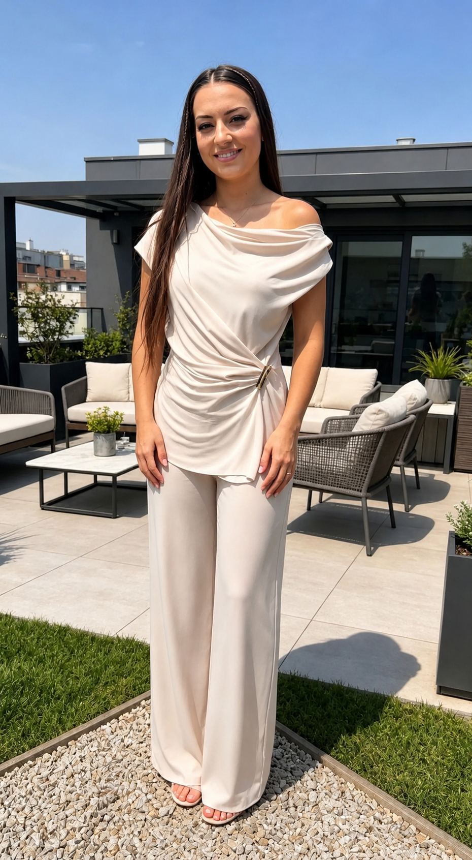 Elegant Draped Two-Piece Set – Cream