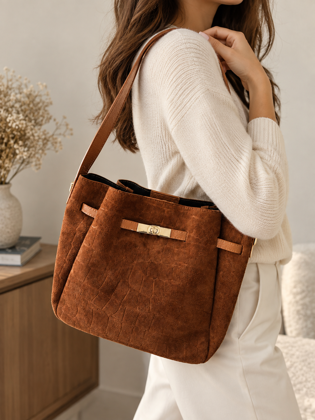 Italian cognac brown genuine leather handbag made in Italy - Darivé Select