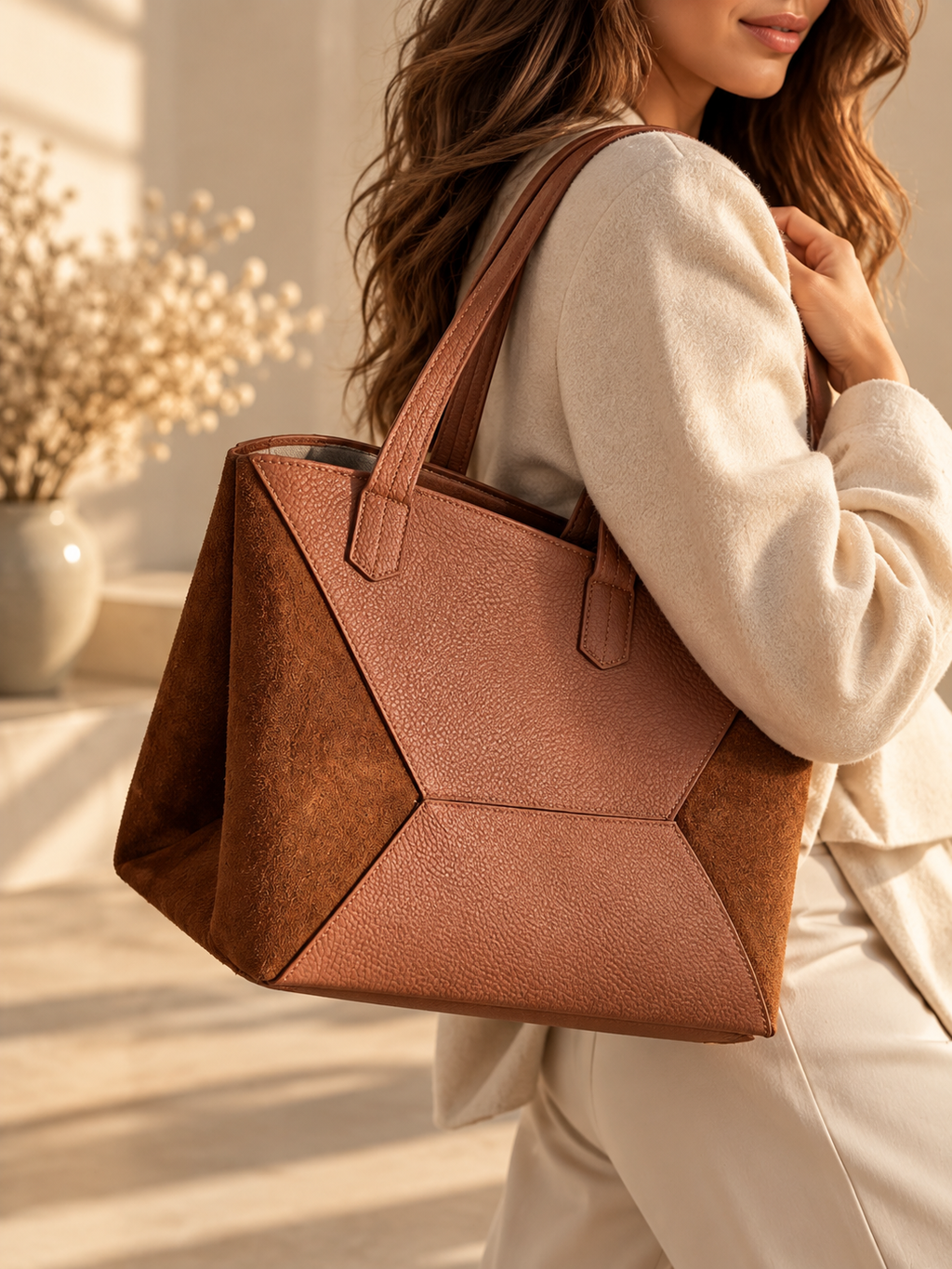 Siena Cognac genuine leather and suede tote bag in warm cognac brown - Darivé Select