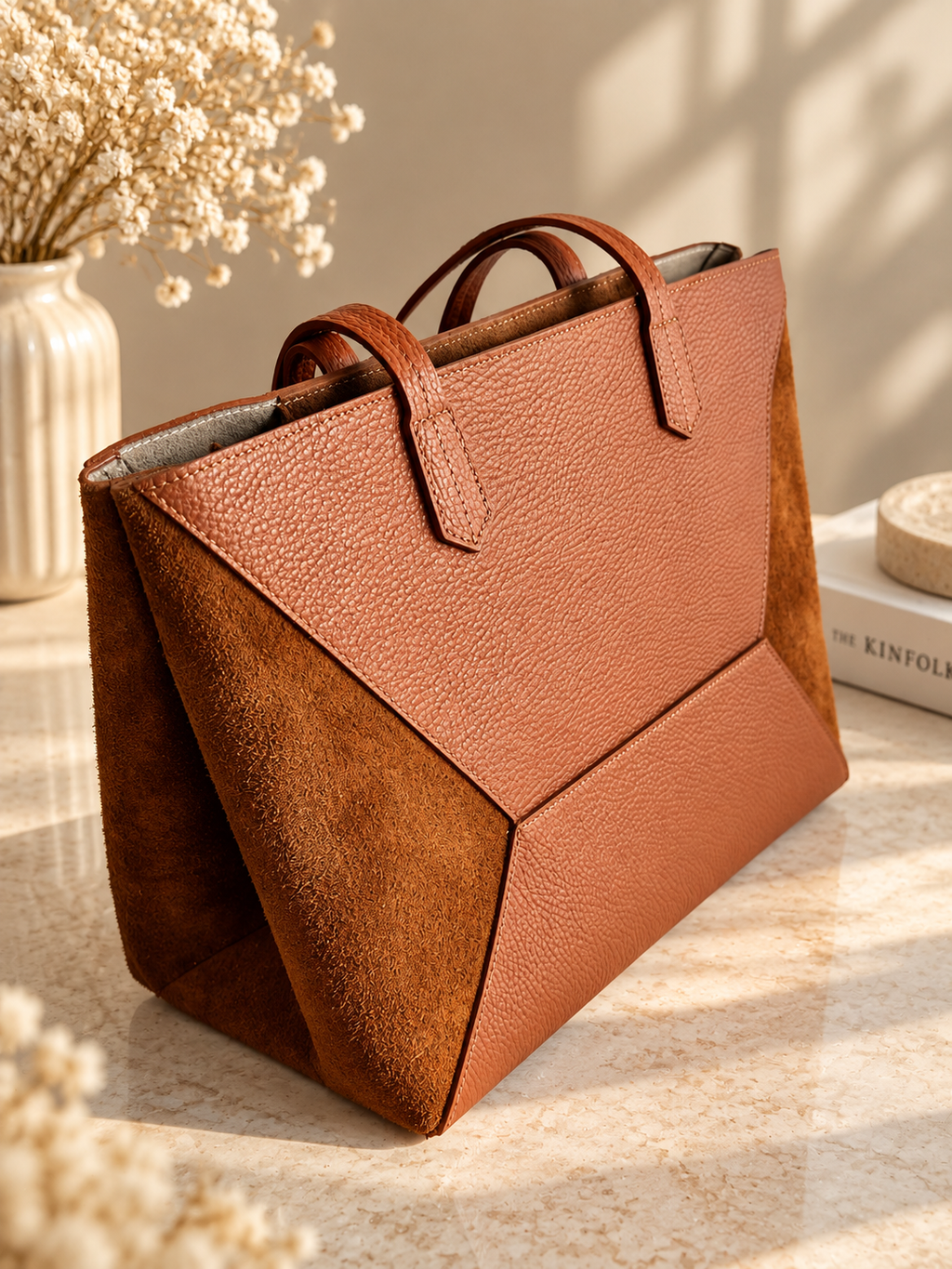 Close-up of geometric leather and suede detailing on a cognac tote bag - Darivé Select