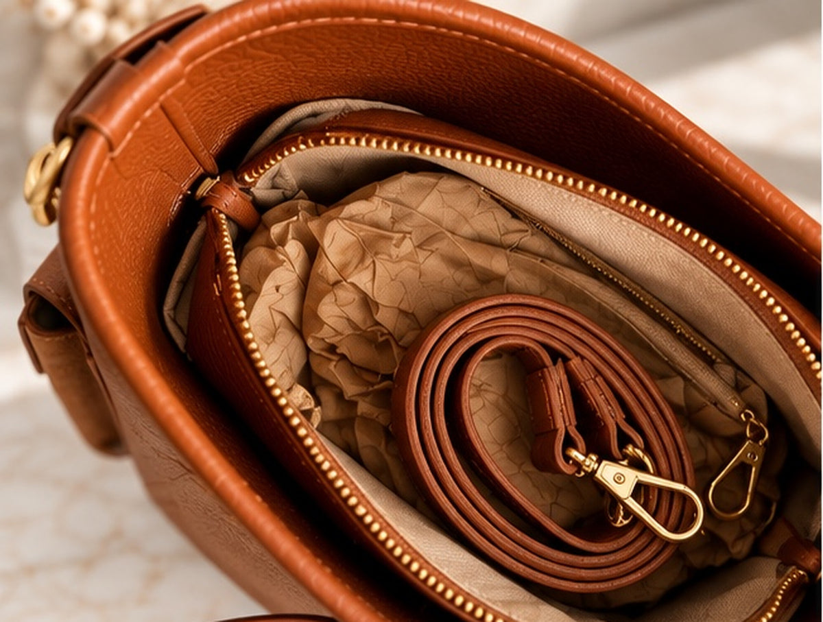 Interior of a cognac brown women's handbag with zip closure - Darivé Select